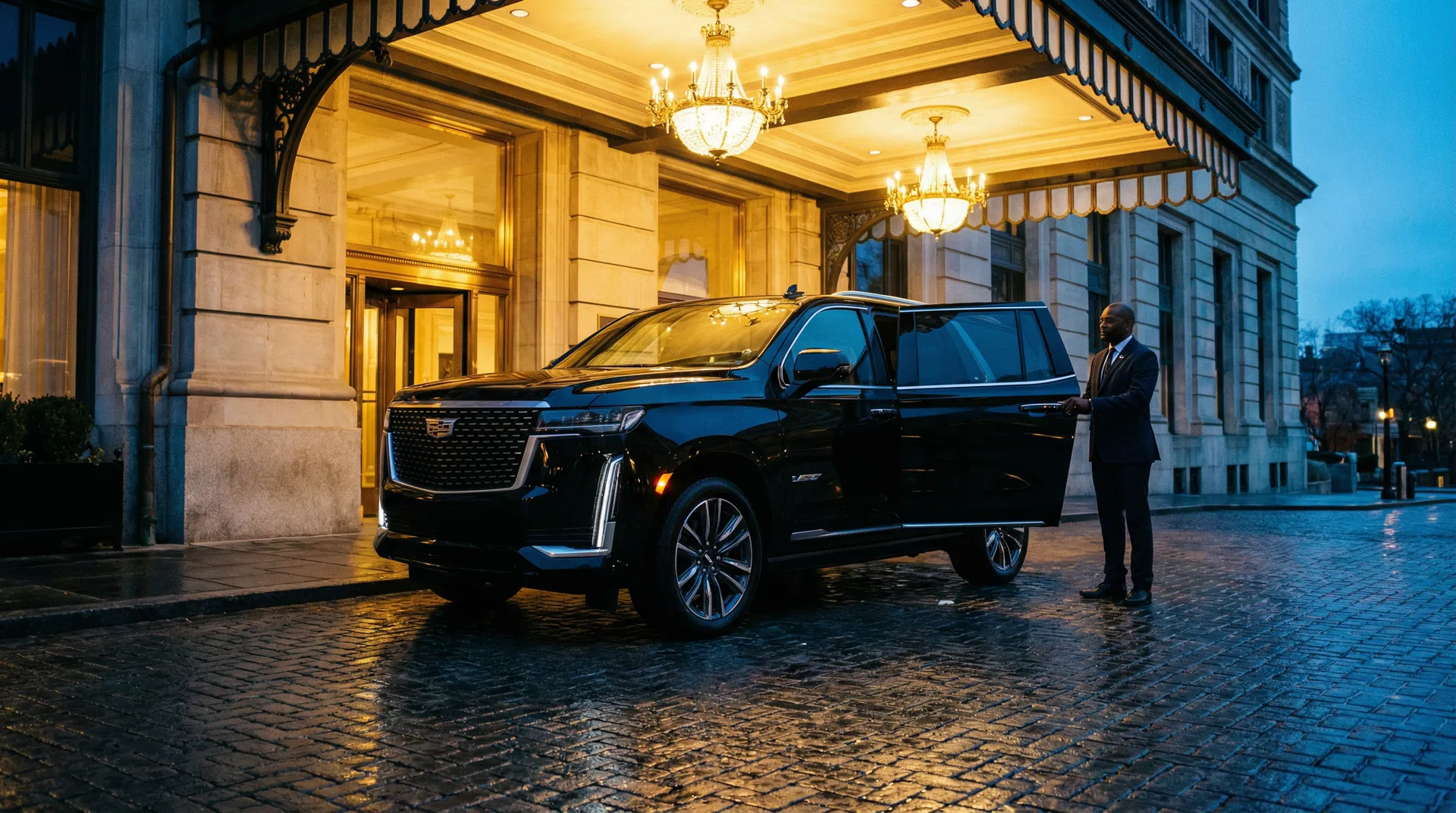 A King & Carter chauffeur opening the door of a black Cadillac Escalade at an Atlanta hotel entrance